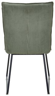 Rückansicht eines grünen Stuhls mit geripptem Stoffbezug und schwarzen Metallbeinen.