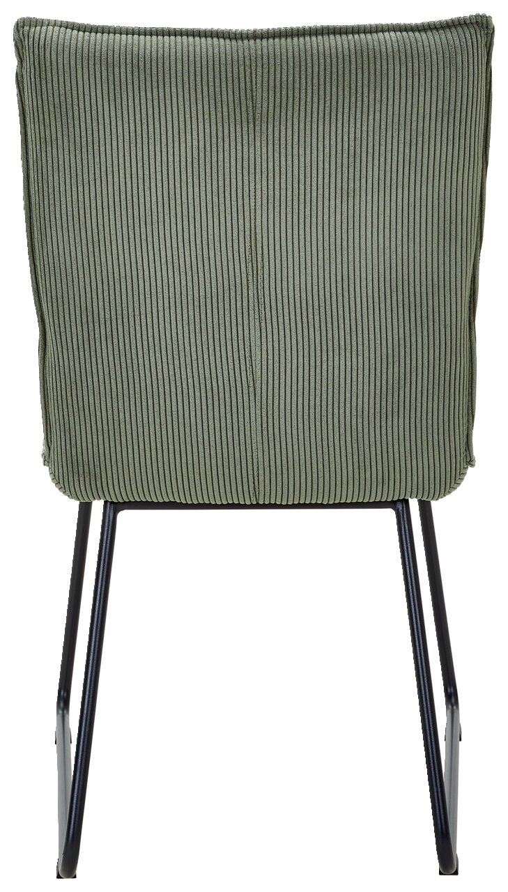 Rückansicht eines grünen Stuhls mit geripptem Stoffbezug und schwarzen Metallbeinen.