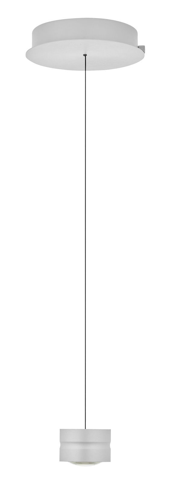 Moderne LED-Pendelleuchte in Silber, seitliche Perspektive