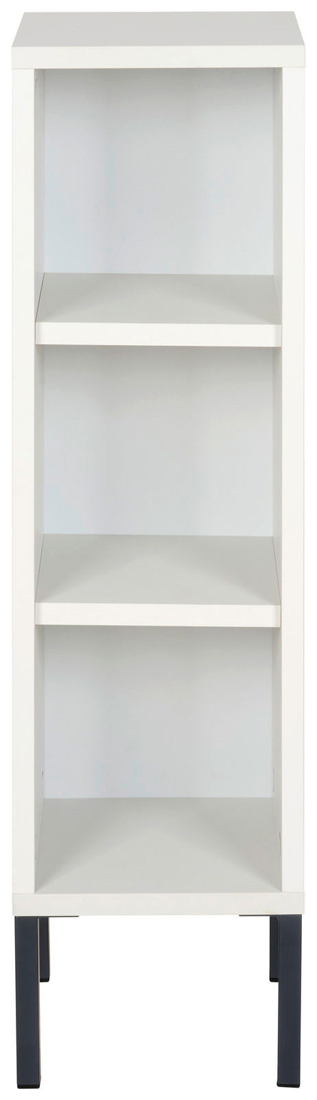 Weißes Unterstellregal mit drei offenen Fächern, frontal betrachtet.