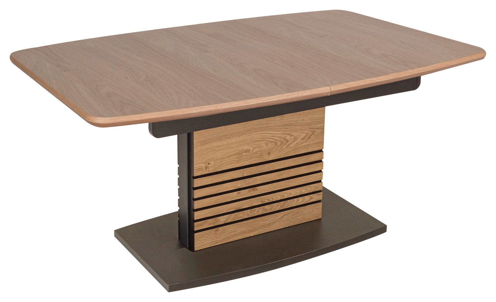 Moderner Couchtisch aus Holz mit rechteckiger Tischplatte und dekorativem Sockel, seitliche Perspektive