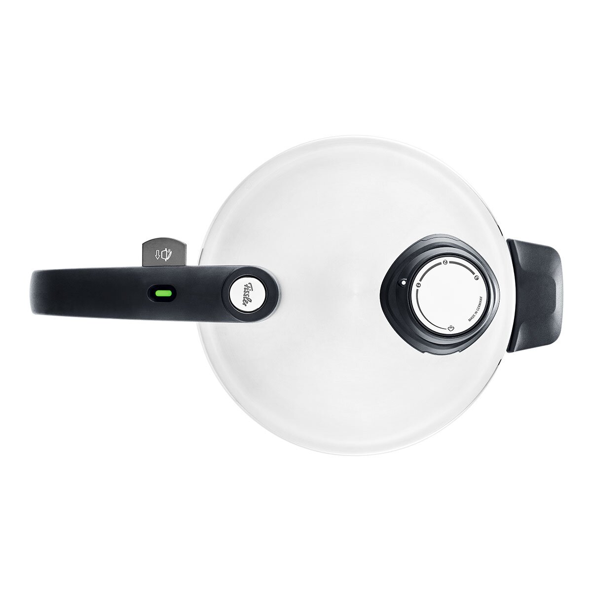 Draufsicht auf einen Schnellkochtopfdeckel des Vitavit Premium Sets 4,5 l mit schwarzem Griff und Druckanzeige.