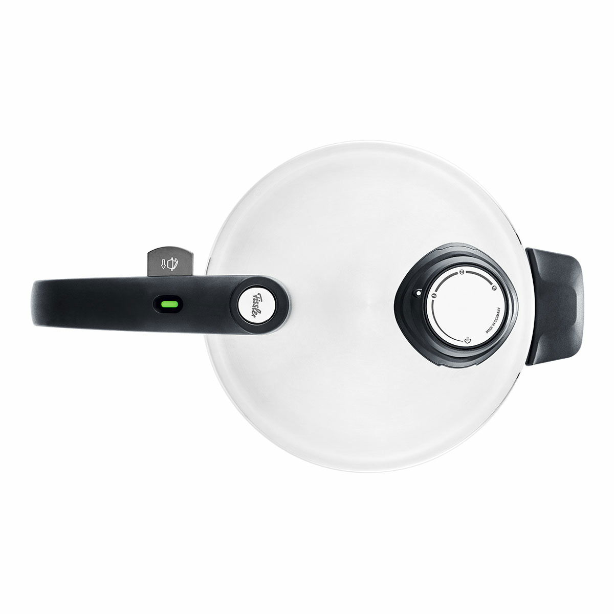 Draufsicht auf einen Schnellkochtopfdeckel des Vitavit Premium Sets 4,5 l mit schwarzem Griff und Druckanzeige.