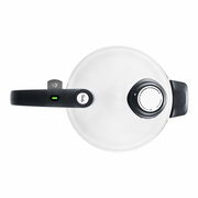 Draufsicht auf einen Schnellkochtopfdeckel des Vitavit Premium Sets 4,5 l mit schwarzem Griff und Druckanzeige.