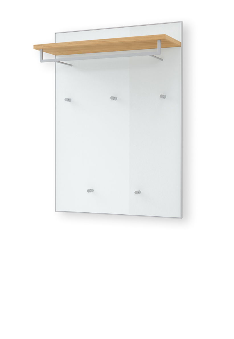 Garderobenpaneel mit Holzablage und Haken, seitliche Perspektive