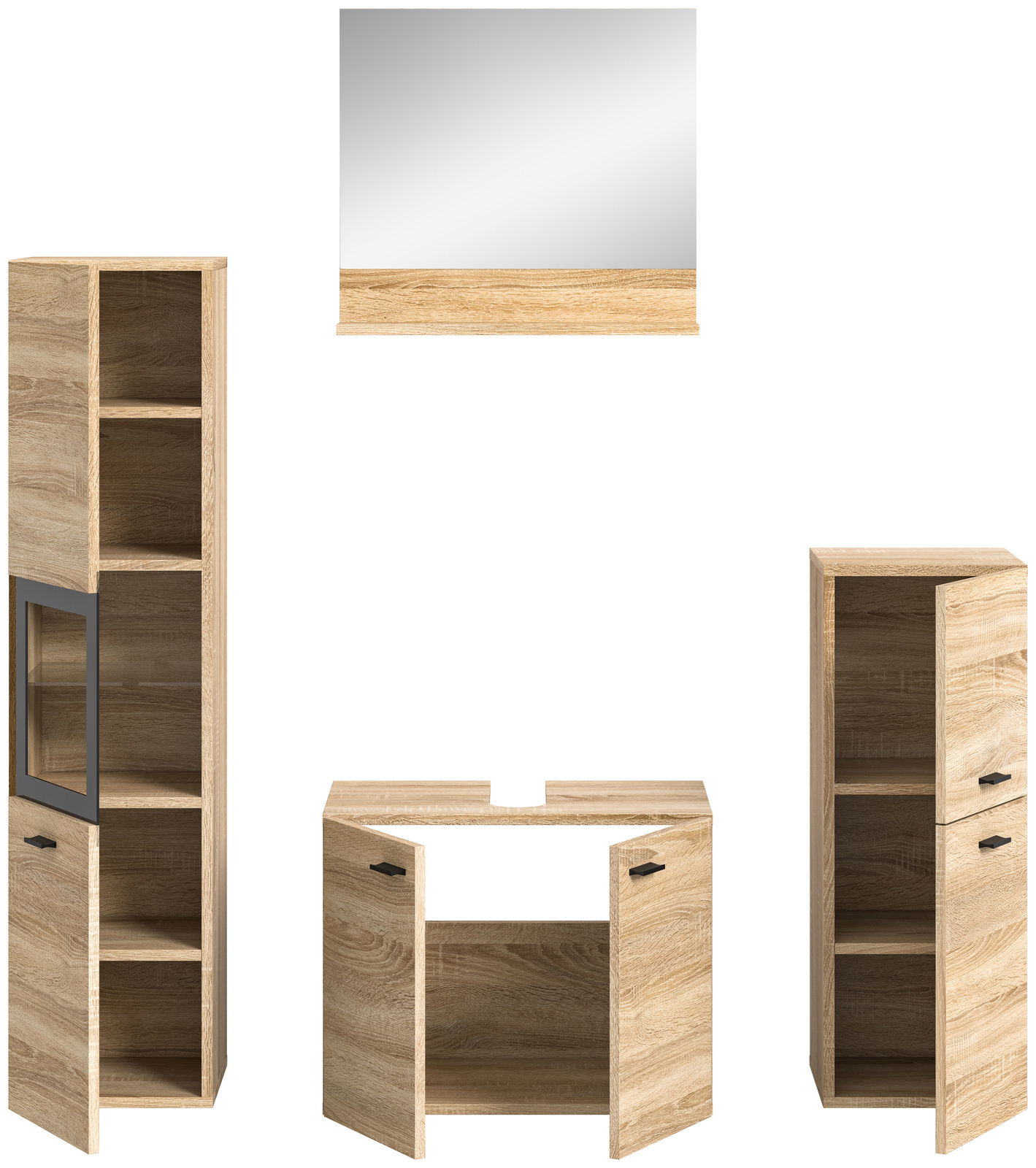 Badkombination BOSTON in Holzoptik, bestehend aus einem hohen Schrank mit Glastür, einem Waschbeckenunterschrank und einem Spiegel, frontal betrachtet.