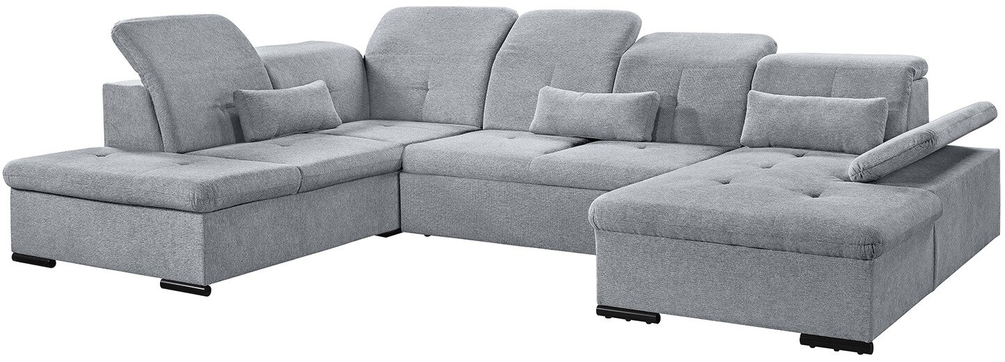 Graues Ecksofa mit verstellbaren Kopfstützen und Kissen, Perspektive von vorne links