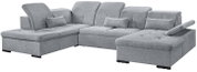 Graues Ecksofa mit verstellbaren Kopfstützen und Kissen, Perspektive von vorne links