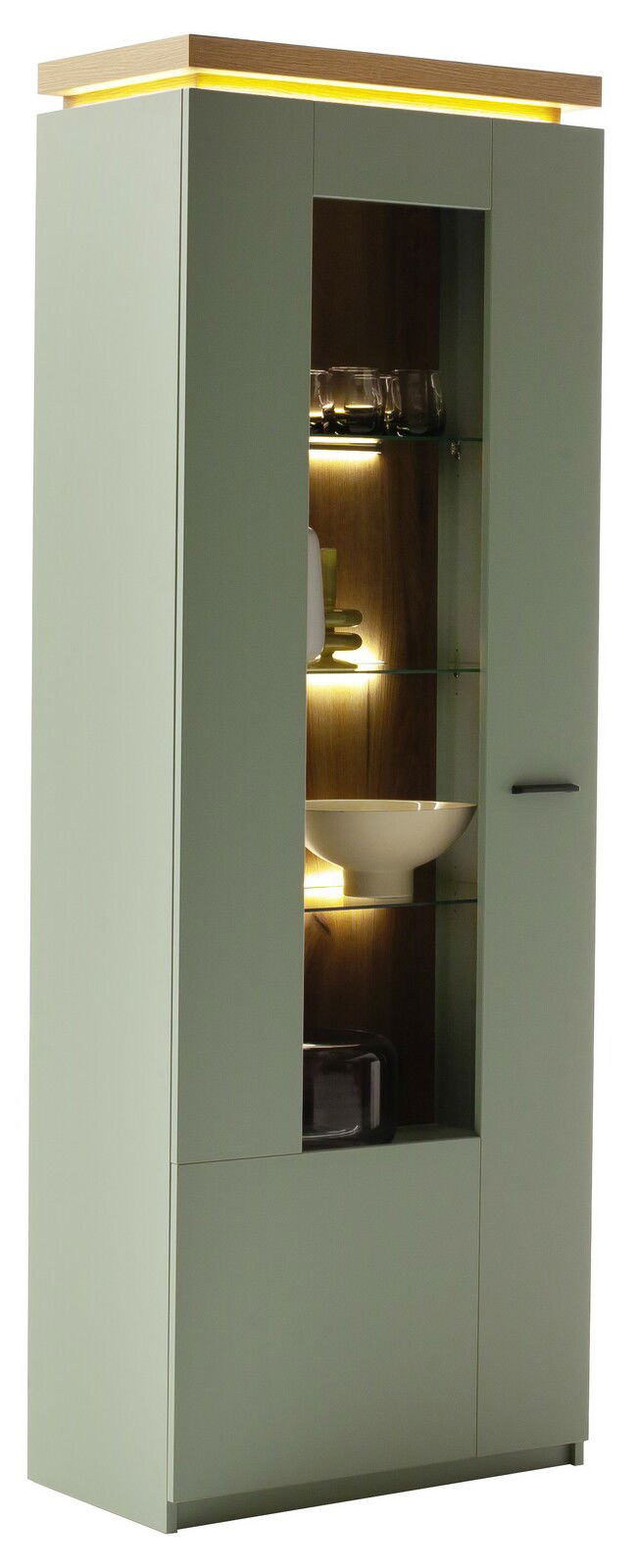 Vitrine MONIZ in modernem Design mit Glaseinsätzen und Beleuchtung, seitliche Perspektive