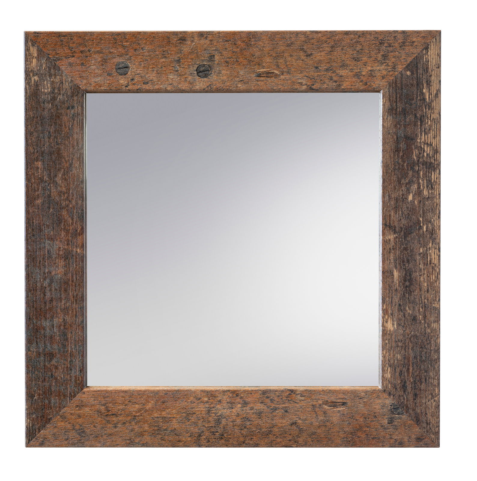 Quadratischer Spiegel mit rustikalem Holzrahmen, Frontalansicht
