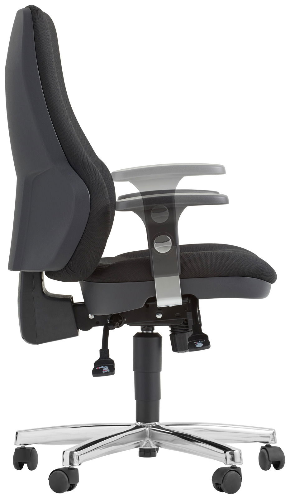 Seitliche Ansicht eines modernen Drehsessels mit verstellbaren Armlehnen und stabiler Basis auf Rollen.