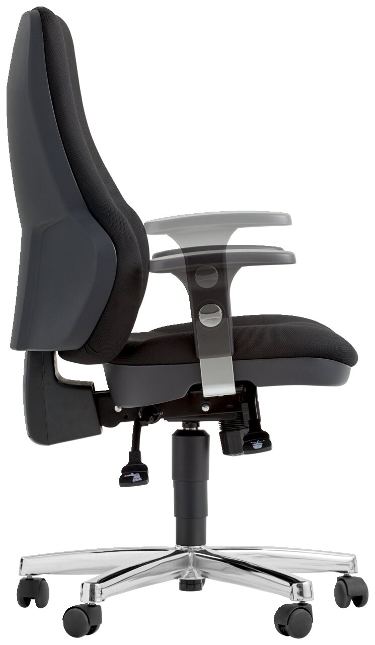 Seitliche Ansicht eines modernen Drehsessels mit verstellbaren Armlehnen und stabiler Basis auf Rollen.