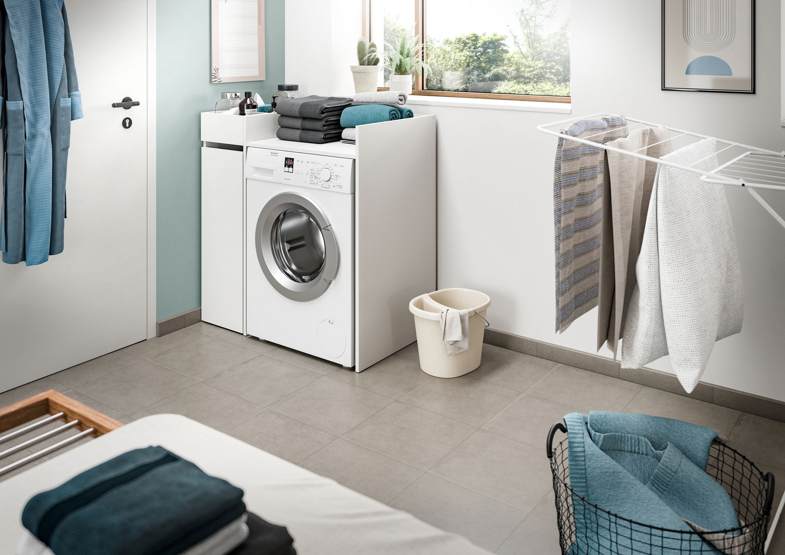 MID.YOU Waschmaschienenumbau-Set FREE Waschmaschinenumbau-Set in einem modernen Waschraum mit Blick auf die Waschmaschine und gefaltete Handtücher auf der Arbeitsfläche.