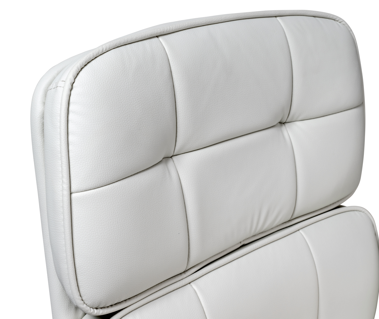 Nahaufnahme der Rückenlehne eines weißen Drehstuhls aus Leder, seitliche Perspektive