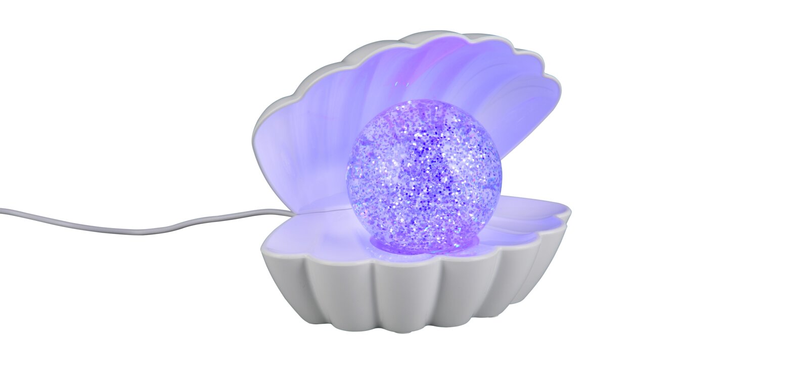 Reality Leuchten LED-Tischleuchte SHELLY Weiße Muschel-Dekoleuchte mit violett leuchtender Glitzerkugel in der Mitte und Stromkabel, frontal in leichter Seitenansicht vor weißem Hintergrund