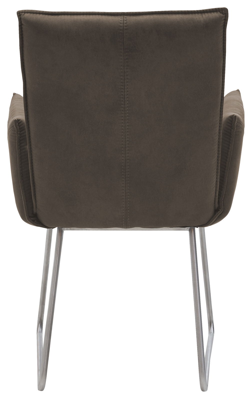 Rückansicht eines Sessels mit dunkelbraunem Stoffbezug und Metallbeinen.