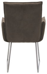 Rückansicht eines Sessels mit dunkelbraunem Stoffbezug und Metallbeinen.