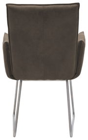 Rückansicht eines Sessels mit dunkelbraunem Stoffbezug und Metallbeinen.