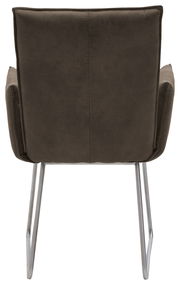 Rückansicht eines Sessels mit dunkelbraunem Stoffbezug und Metallbeinen.