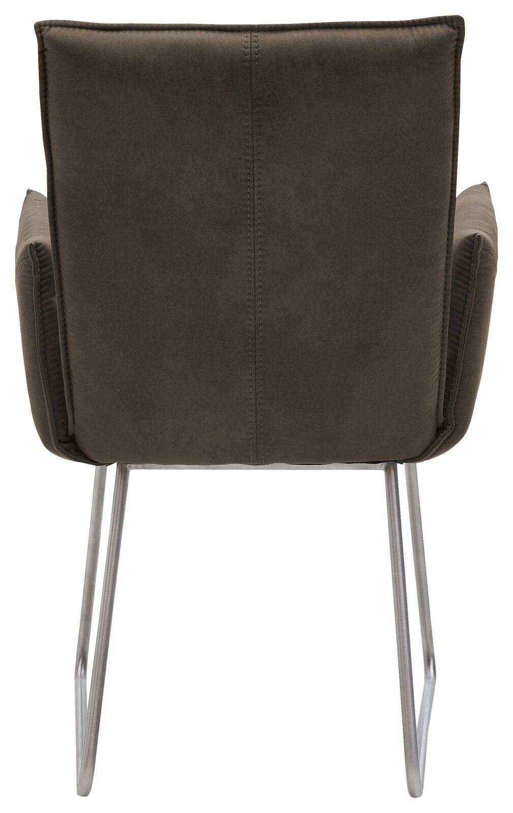 Rückansicht eines Sessels mit dunkelbraunem Stoffbezug und Metallbeinen.