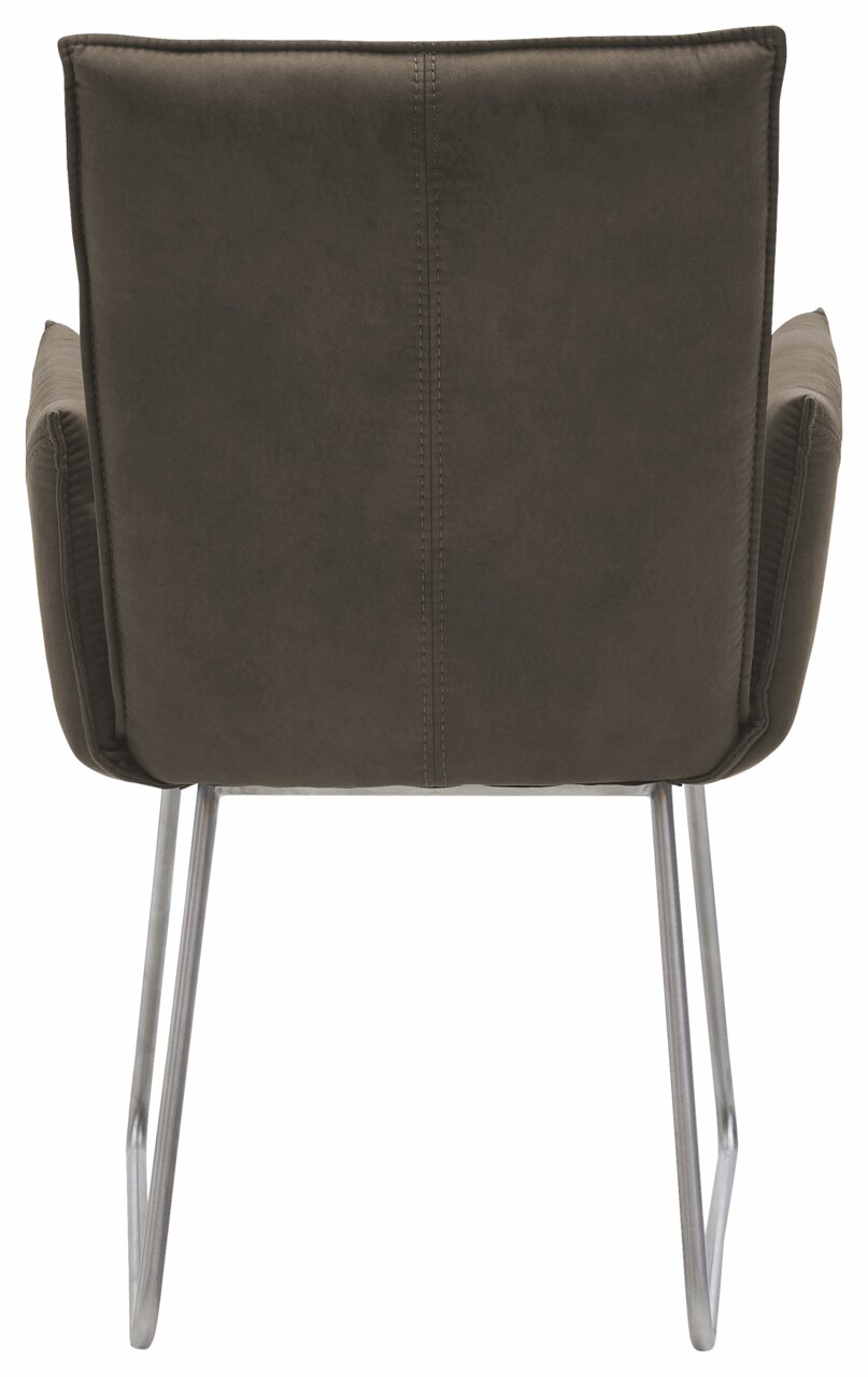 Rückansicht eines Sessels mit dunkelbraunem Stoffbezug und Metallbeinen.