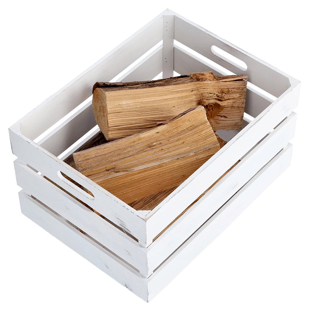 Weiße Holz-Aufbewahrungskiste mit Holzscheiten, Perspektive von oben