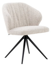 Moderne fauteuil met lichtgrijze stoffen bekleding en zwarte metalen poten, zijaanzicht