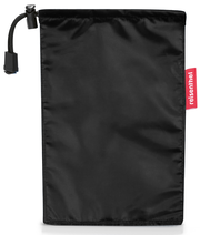 Schwarzer Beutel mit Kordelzug und rotem Etikett, Vorderansicht