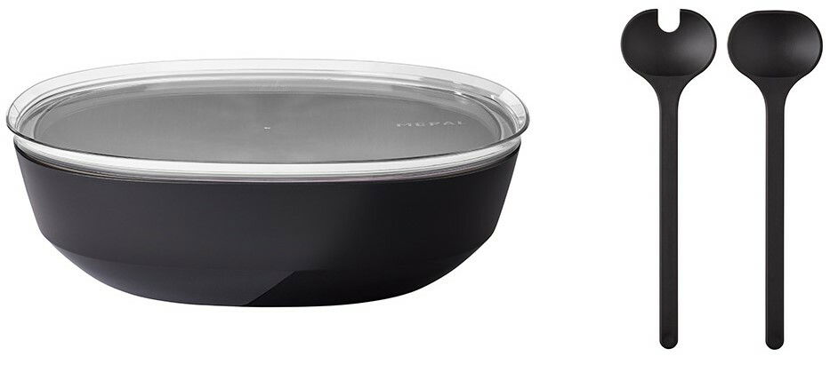 Mepal Salatset 3-tlg. SILUETA Schwarzes 3-teiliges Salatset Silueta von Mepal, bestehend aus einer Schüssel mit transparentem Deckel und zwei Salatbestecken, seitliche Perspektive.