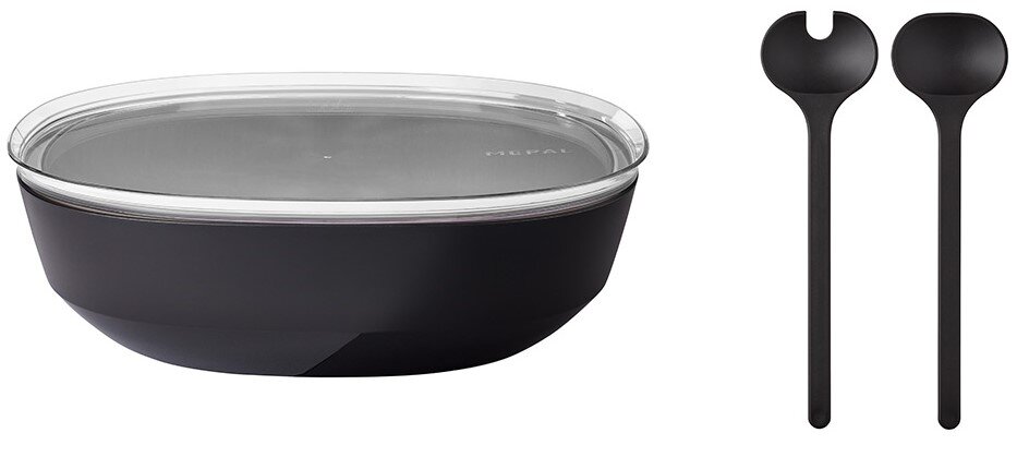 Schwarzes 3-teiliges Salatset Silueta von Mepal, bestehend aus einer Schüssel mit transparentem Deckel und zwei Salatbestecken, seitliche Perspektive.