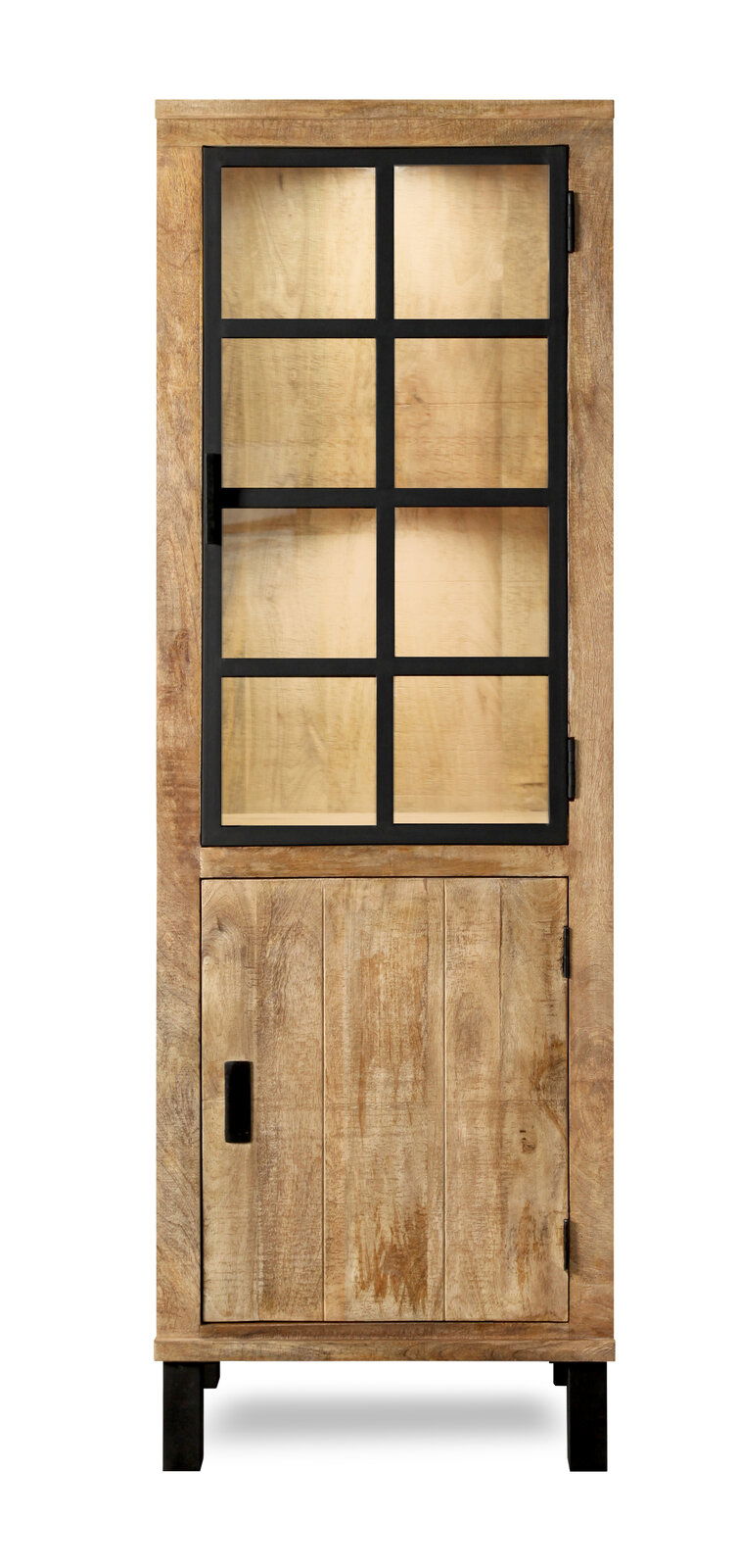 Vitrine aus Holz mit Glastür und schwarzem Metallrahmen, Frontalansicht