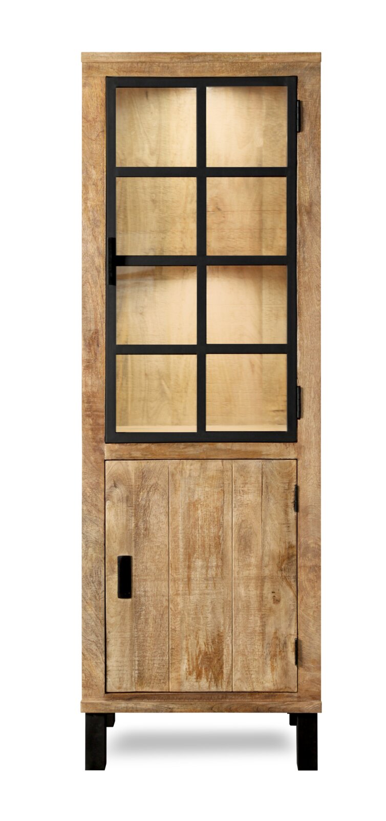 Houten vitrinekast met glazen deur en zwart metalen frame, vooraanzicht