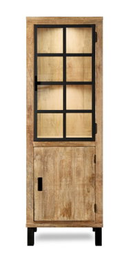 Houten vitrinekast met glazen deur en zwart metalen frame, vooraanzicht