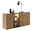 Holz-Sideboard mit drei Schubladen und einer Glastür, dekoriert mit Vasen und einer Lampe, seitliche Perspektive