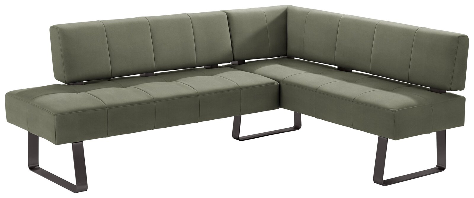 Grüne Eckbank mit modernem Design und Metallbeinen, seitliche Perspektive