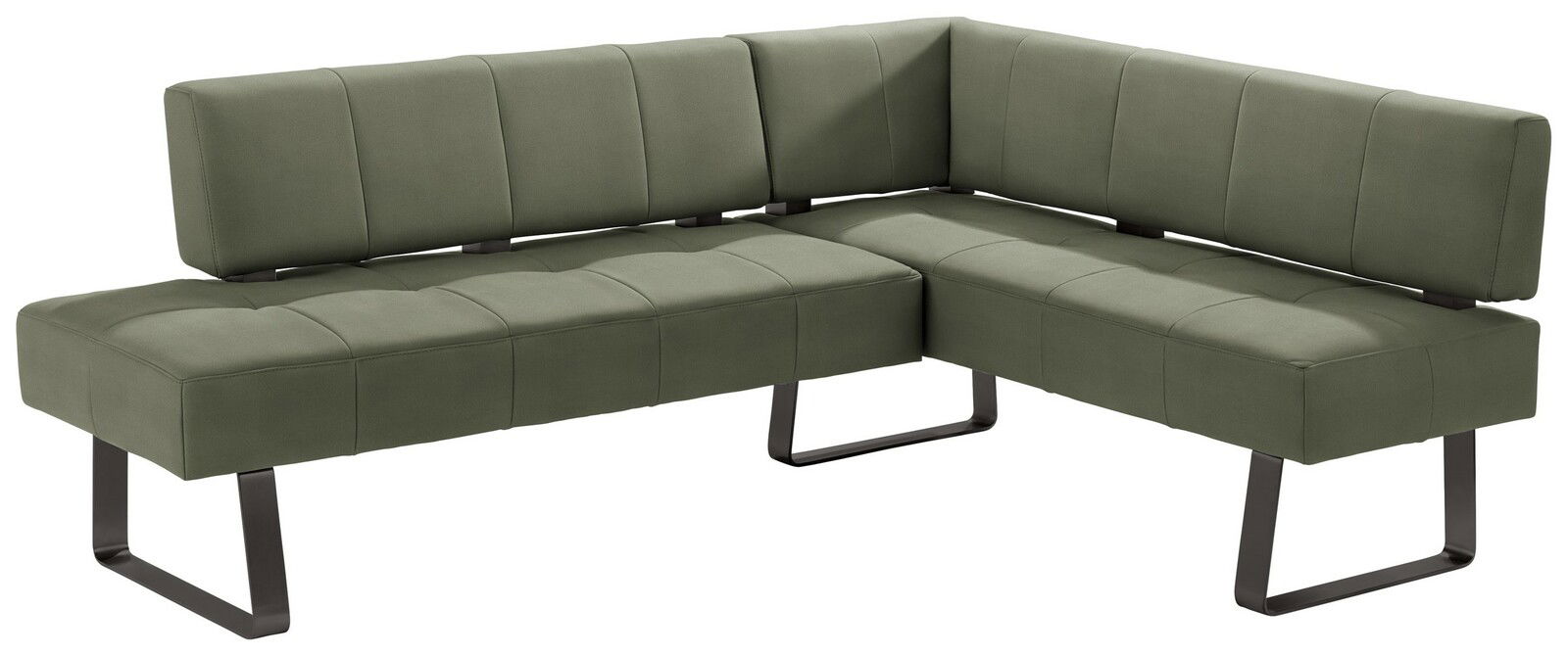 Grüne Eckbank mit modernem Design und Metallbeinen, seitliche Perspektive