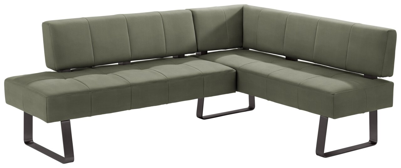 Grüne Eckbank mit modernem Design und Metallbeinen, seitliche Perspektive