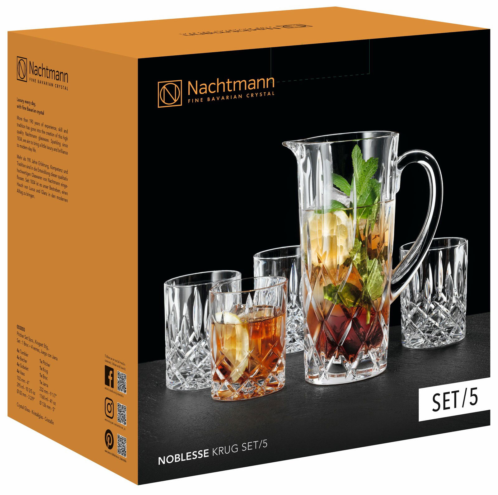 Noblesse Krugset 5-tlg. von Nachtmann, bestehend aus einem Krug und vier Gläsern, aus feinem Kristallglas mit elegantem Schliffmuster, seitliche Perspektive.