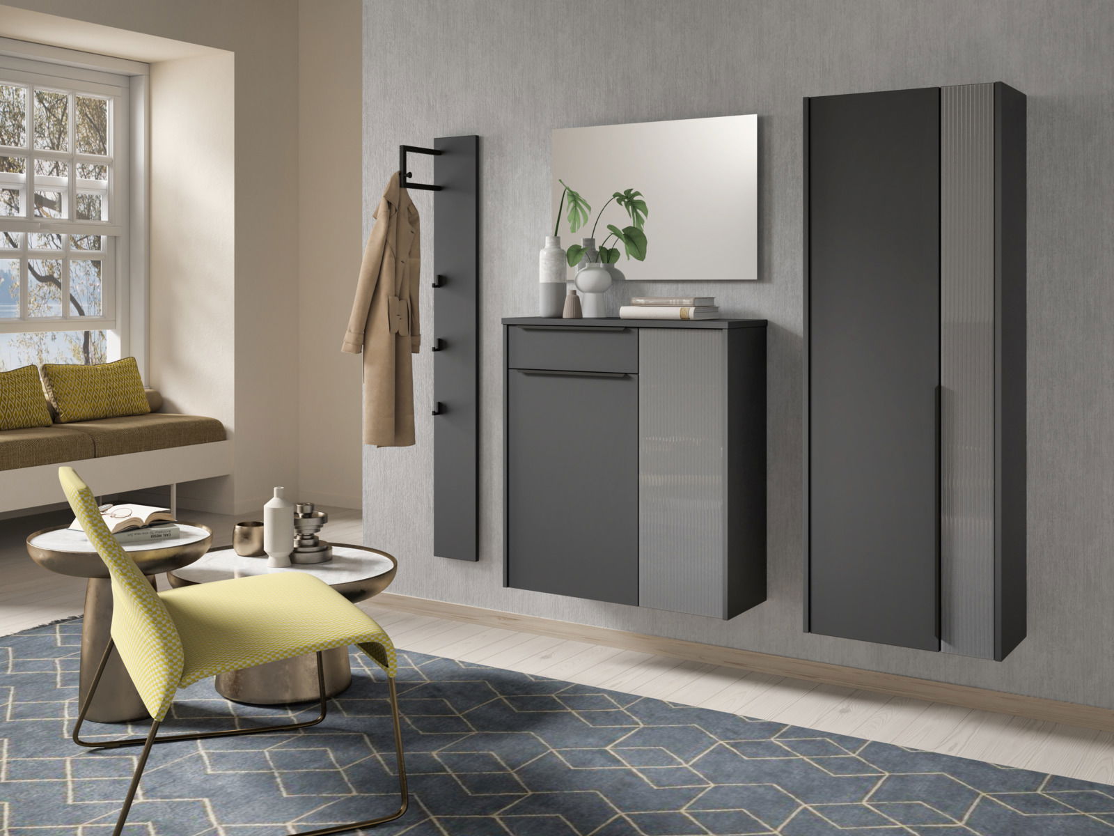 Dieter Knoll XL-Schuhschrank TURIN Moderne Garderobeneinrichtung mit Hängeschuhschrank, Garderobenpaneel und Spiegel in einer stilvollen, grauen Farbgebung. Perspektive von vorne.