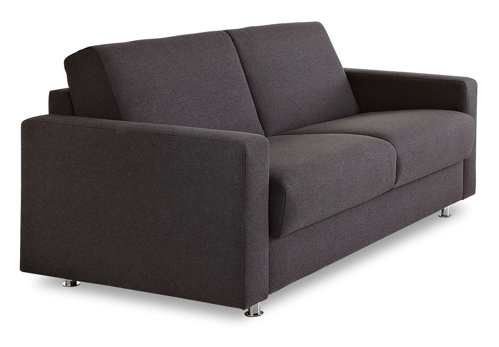 Graues Schlafsofa mit zwei Sitzplätzen, seitliche Perspektive
