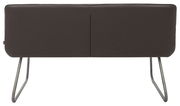 Rückansicht einer modernen Bank mit dunklem Polster und Metallbeinen.