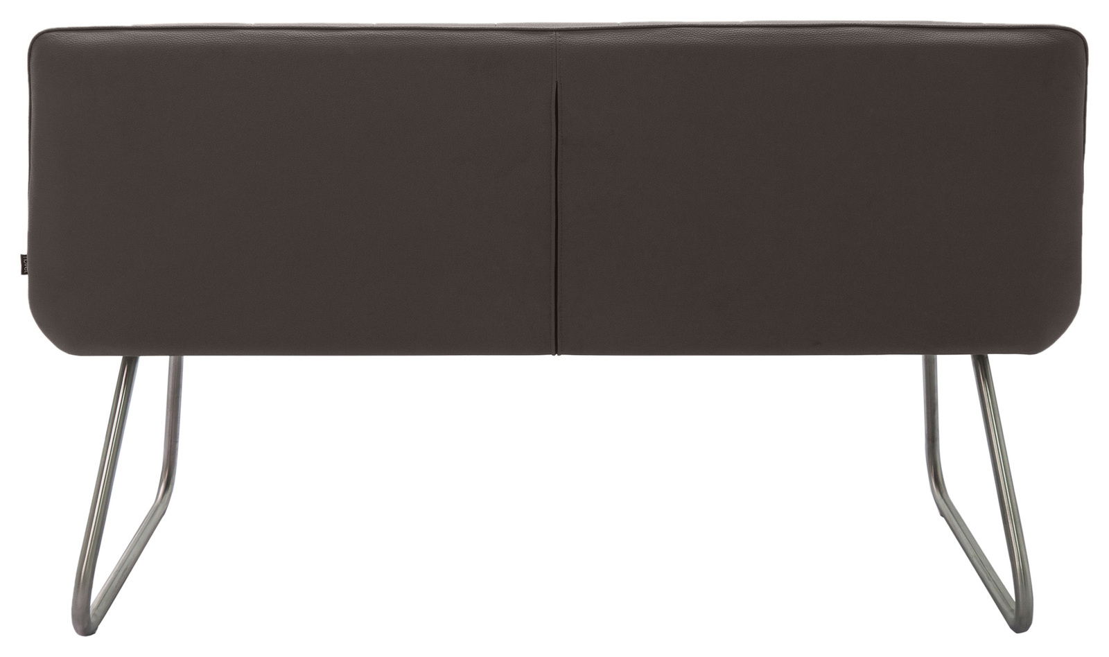 Rückansicht einer modernen Bank mit dunklem Polster und Metallbeinen.