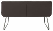Rückansicht einer modernen Bank mit dunklem Polster und Metallbeinen.