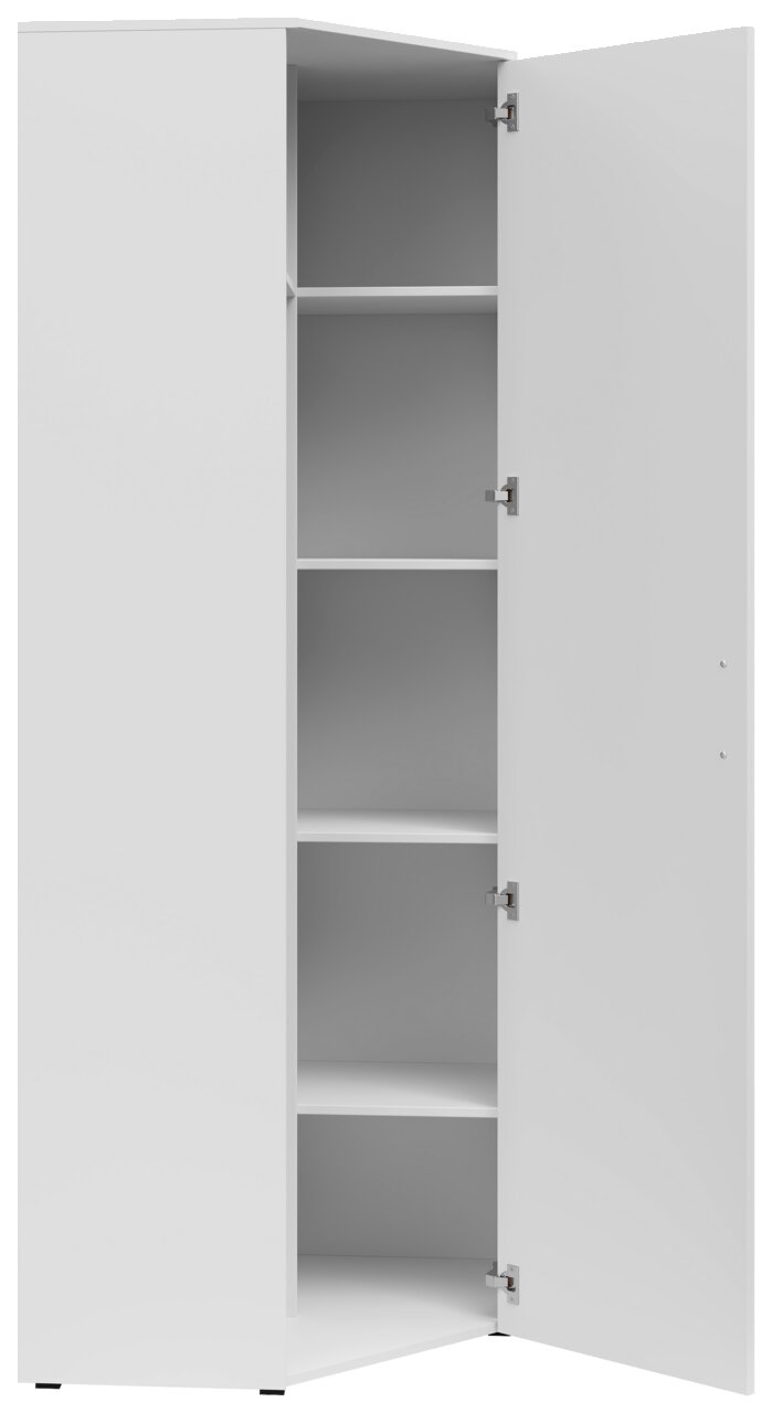 Weißer Eckschrank mit geöffneter Tür, zeigt mehrere Regalböden, Perspektive von vorne.