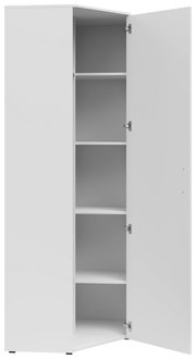 Weißer Eckschrank mit geöffneter Tür, zeigt mehrere Regalböden, Perspektive von vorne.