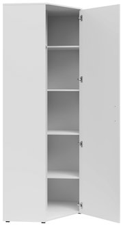 Weißer Eckschrank mit geöffneter Tür, zeigt mehrere Regalböden, Perspektive von vorne.