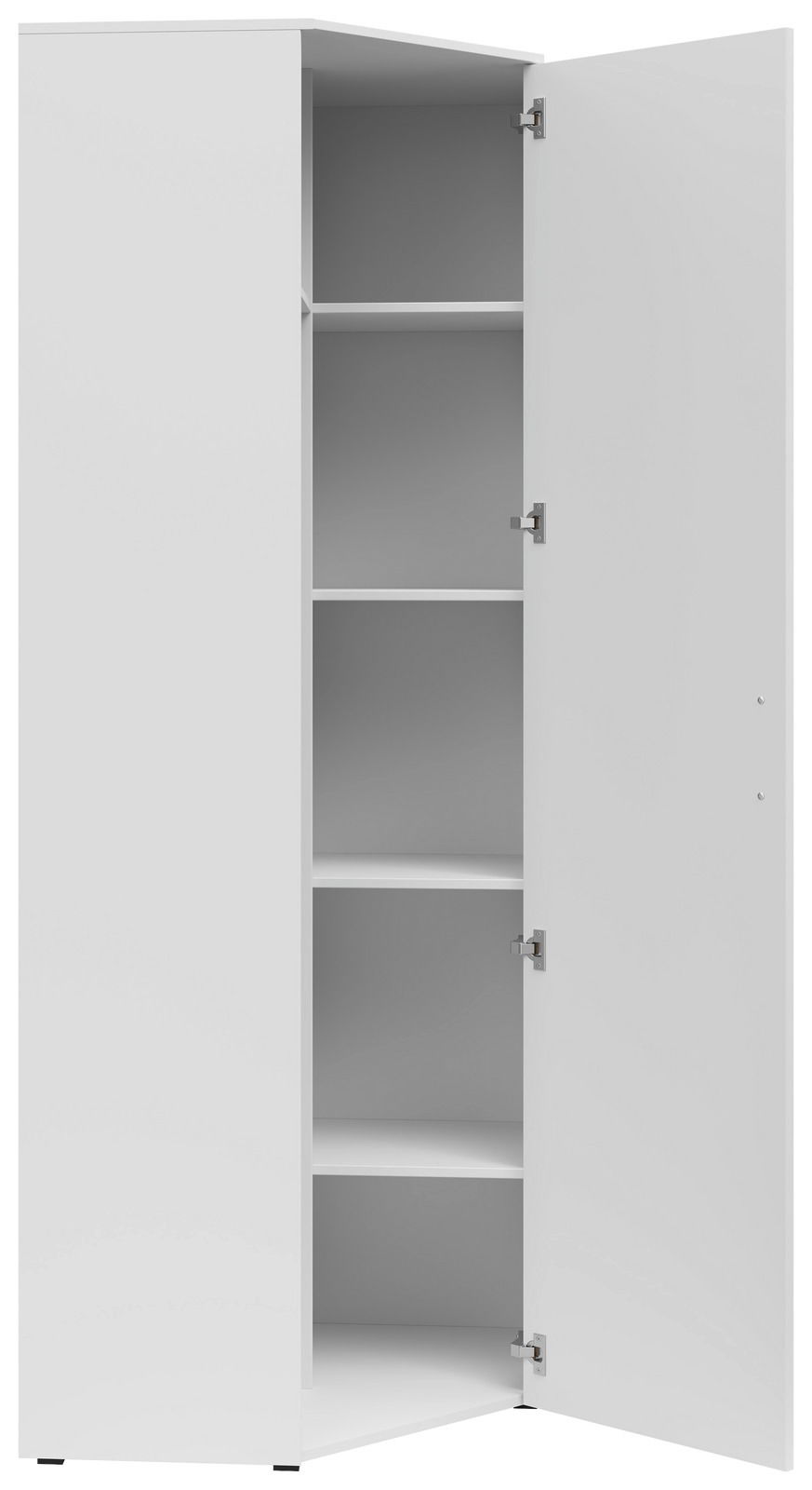 Weißer Eckschrank mit geöffneter Tür, zeigt mehrere Regalböden, Perspektive von vorne.