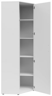 Weißer Eckschrank mit geöffneter Tür, zeigt mehrere Regalböden, Perspektive von vorne.