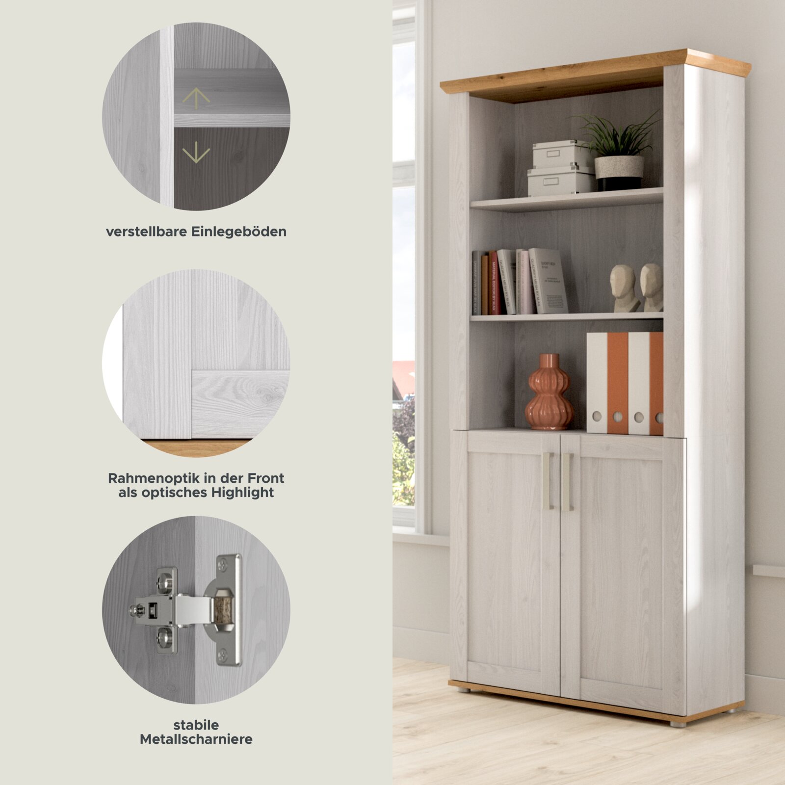 Weißer Holz-Hochschrank mit offenen Regalböden und zwei Türen, mit verstellbaren Einlegeböden, Rahmenoptik und stabilen Metallscharnieren, in schräger Frontansicht im Wohnraum.