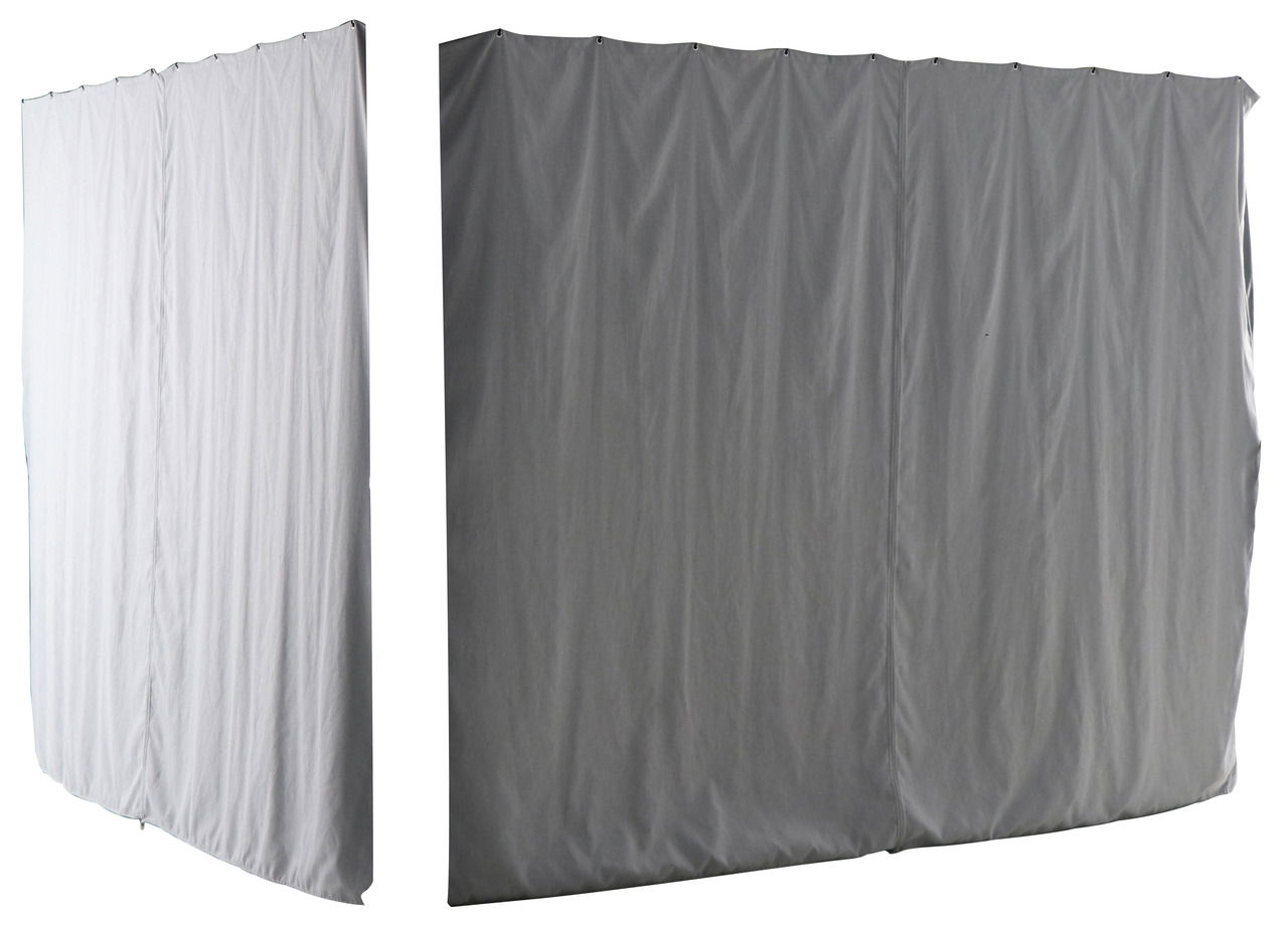Ersatz-Vorhang für Pavillon in grauer Farbe, frontal und seitlich abgebildet.